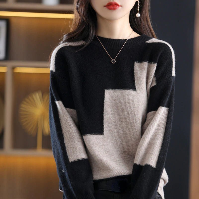 Frelina | Colour Block Knitted Pullover with Round Neckline for Women