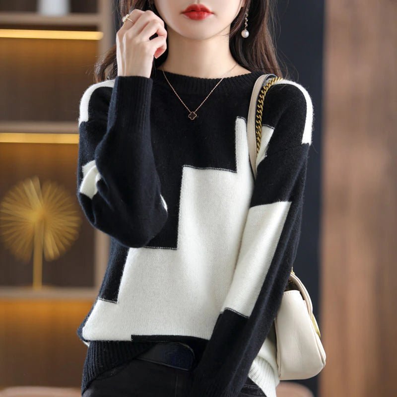 Frelina | Colour Block Knitted Pullover with Round Neckline for Women