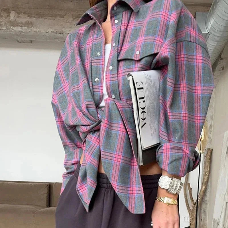 Katherine | Women's Plaid Oversized Shirt Jacket with Button Front