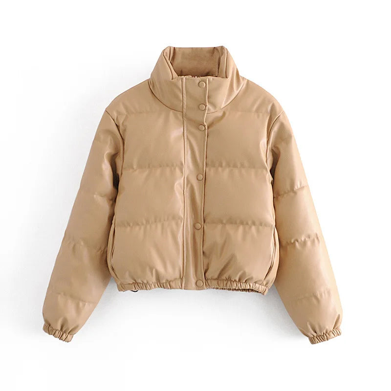 Octana | Women's Cropped Faux Leather Parka with Stand Collar & Button Details – Elegant & Functional Winter Coat