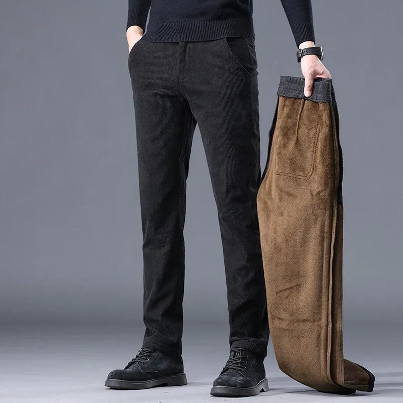 Edgeware | Men’s Corduroy Fleece Lined Work Trousers Slim Straight Fit Warm Casual Style