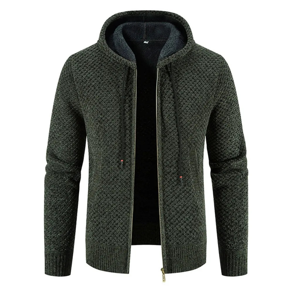 Byron | Men’s Zip-Up Hooded Cardigan with Warm Lining – Textured Winter Knit Jacket