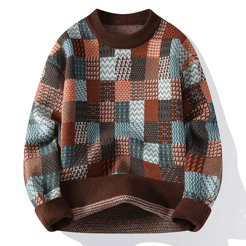 Mortine | Men's Vintage Patchwork Sweater – High-Quality Thick Knit with Colourful Pattern