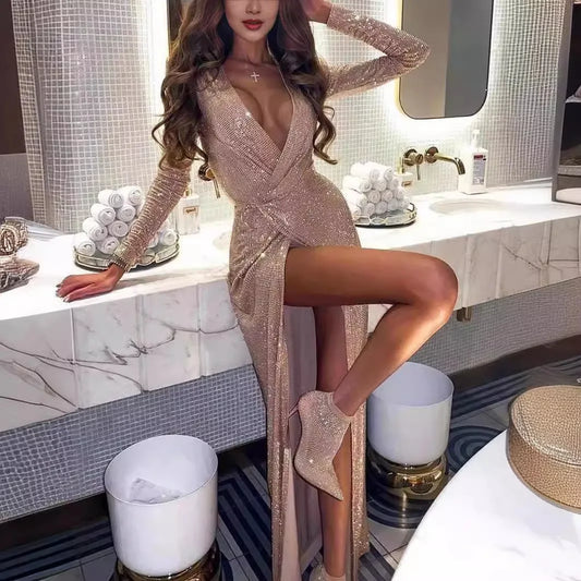 Nicolette | Elegant Shiny Maxi Dress with Deep V-Neckline and High Slit for Parties