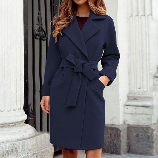 Eudoria | Women’s Solid Colour Long Coat with Lapel Collar and Waist Belt