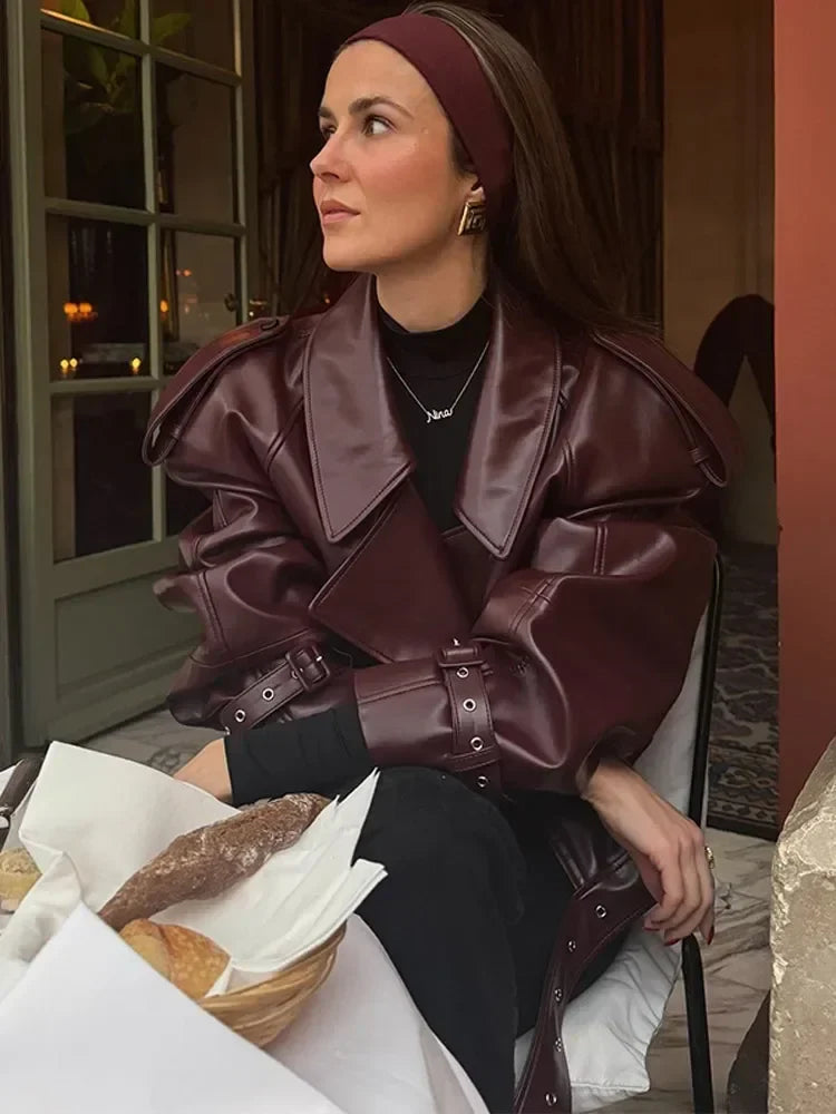 Eudeline | Women’s Burgundy Oversized Leather-Effect Jacket with Belt and Wide Lapels