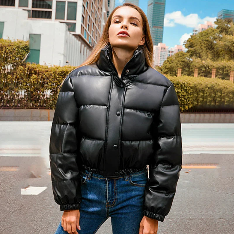 Octana | Women's Cropped Faux Leather Parka with Stand Collar & Button Details – Elegant & Functional Winter Coat