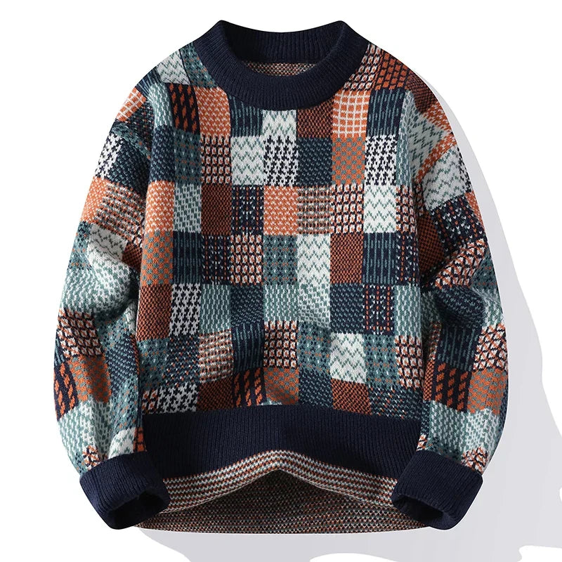 Mortine | Men's Vintage Patchwork Sweater – High-Quality Thick Knit with Colourful Pattern