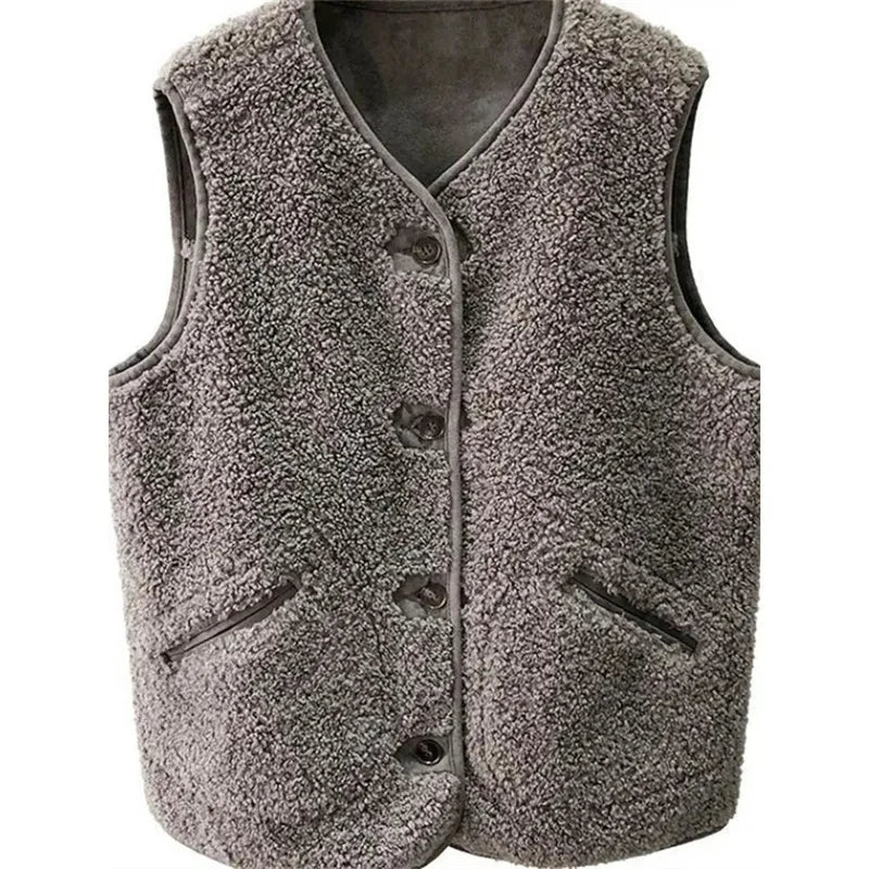 Julianea | Women’s Fleece Vest with V-Neck, Button Closure, and Large Side Pockets