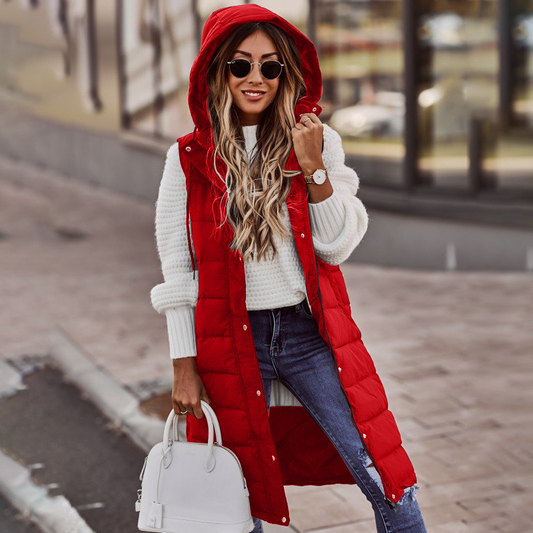 Tilda | Women’s Long Quilted Hooded Winter Vest – Warm Padded Sleeveless Gilet