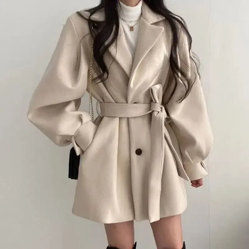 Marilyn | Women’s Elegant Belted Trench Coat with Puff Sleeves
