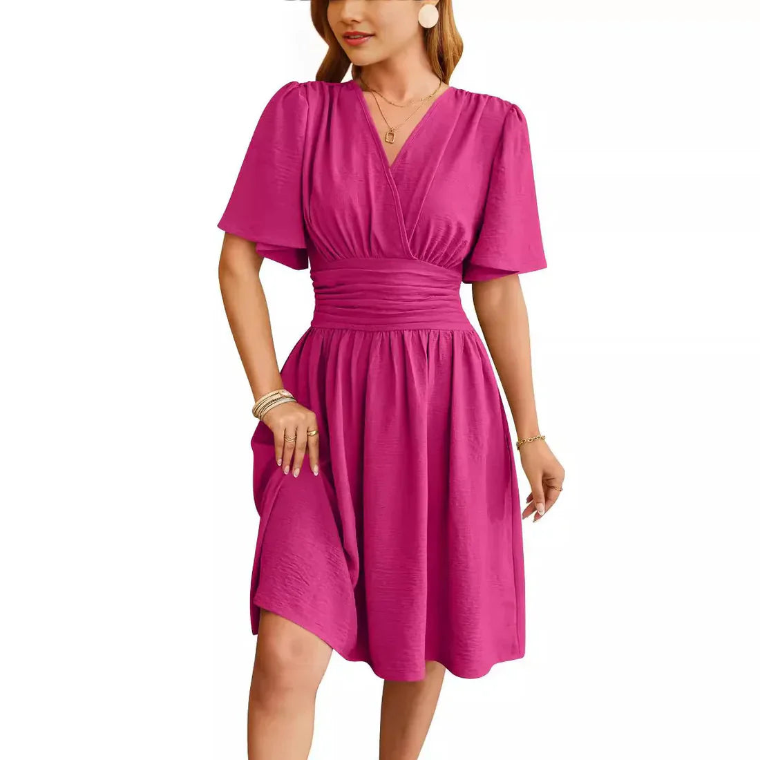 Yasmin | Women's V Neck Bell Sleeve Pleated Knee-Length Dress with Cinched Waist