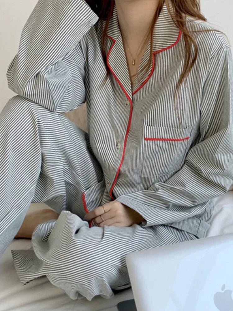 Justine | Women’s Striped 2-Piece Pyjama Set with Button-Up Shirt & Trousers