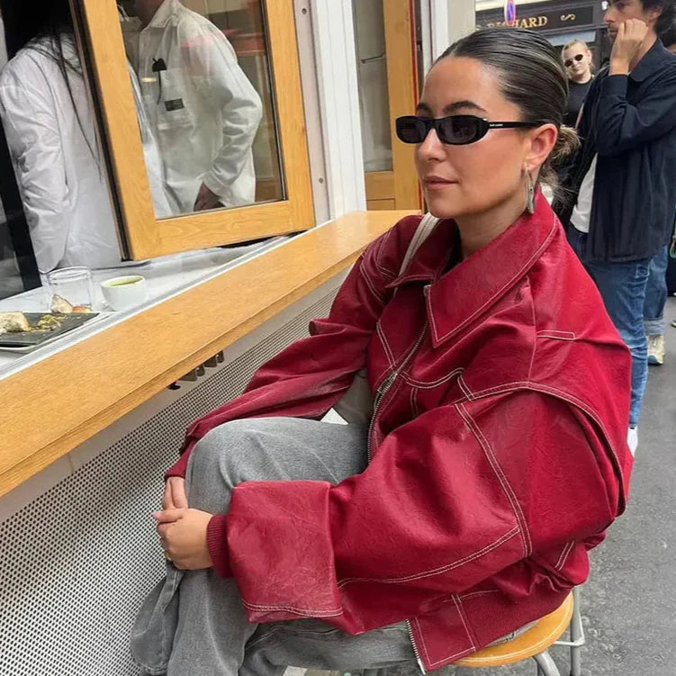 Alianora | Women’s Red Oversized Zip-Up Jacket with Lapel Collar – Stylish Casual Outerwear