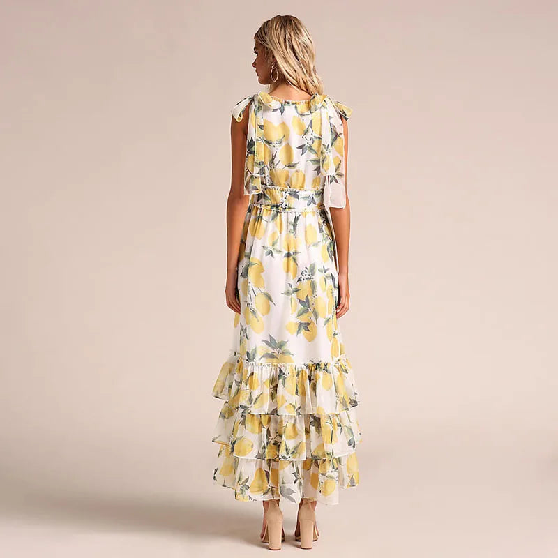 Nellie | Women’s Lemon Print Tie-Strap Maxi Dress with Layered Ruffles