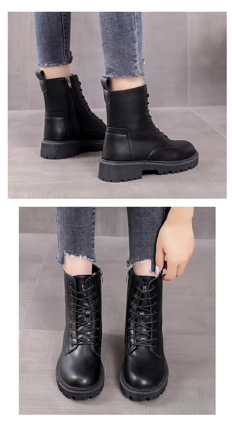 Madison | Women's Black Leather-Look Fleece-Lined Lace-Up Ankle Boots