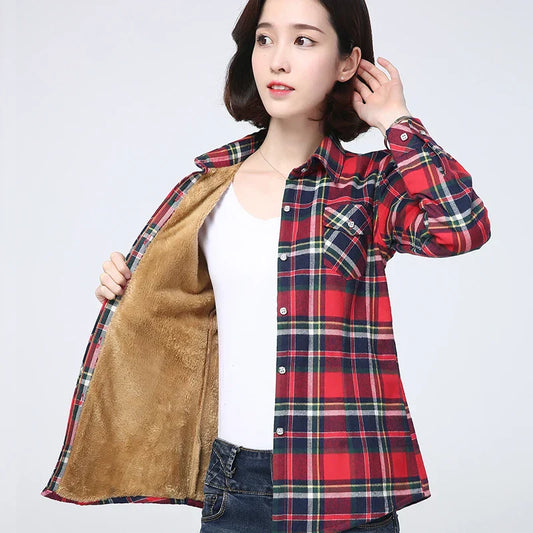 Fenella | Women's Multicolor Plaid Fleece Lined Buttoned Warm Shirt Jacket