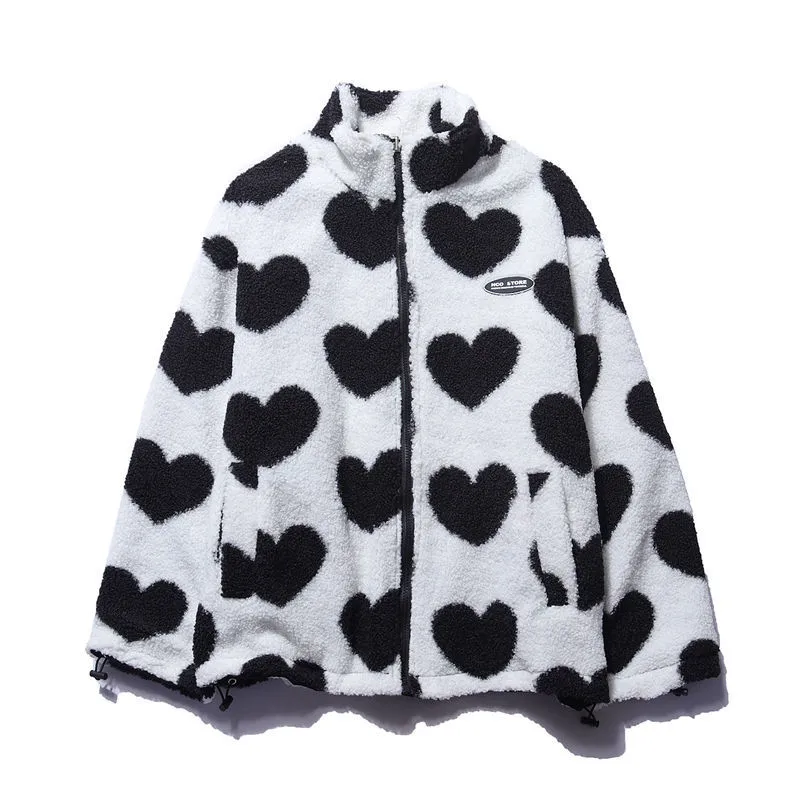 Adelinde | Women's Reversible Fleece Jacket with Heart Pattern, Stand Collar & Full Zip