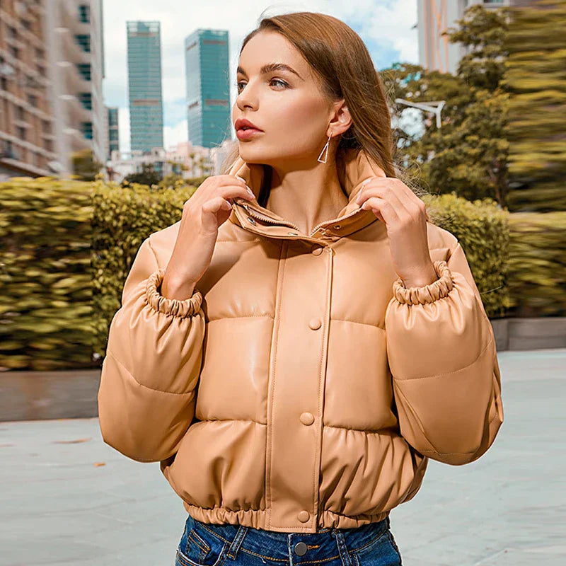 Octana | Women's Cropped Faux Leather Parka with Stand Collar & Button Details – Elegant & Functional Winter Coat