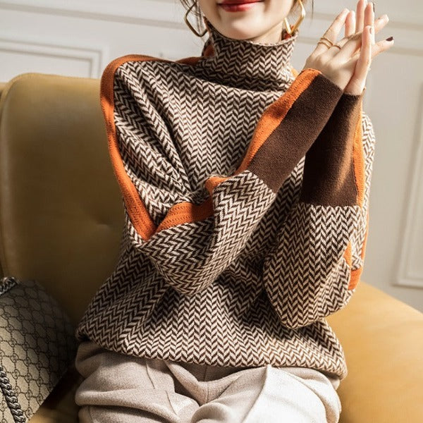 Bella | Women's Turtleneck Knitted Sweater with Colorblock Design and Chevron Contrast Details