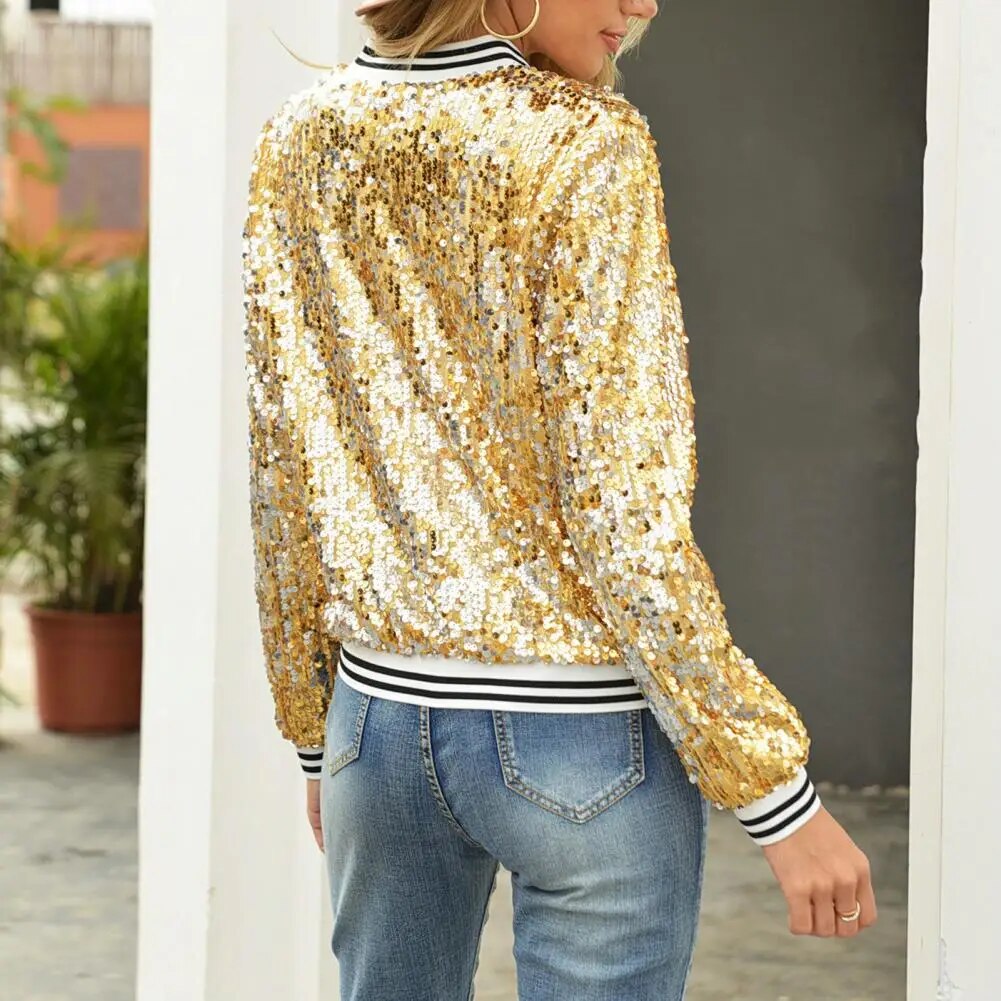 Ailith | Women's Sparkly Sequin Cropped Bomber Jacket with Full Zip