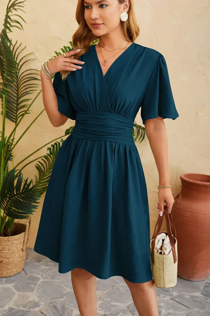 Yasmin | Women's V Neck Bell Sleeve Pleated Knee-Length Dress with Cinched Waist