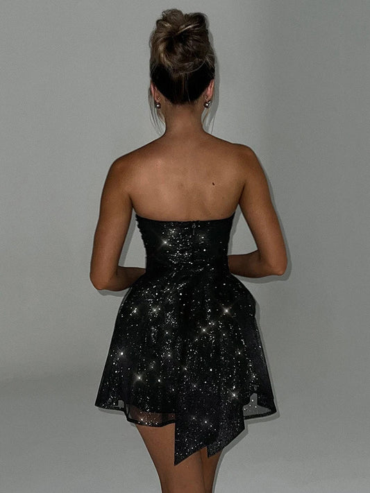 Netascha | Black Strapless Glitter Party Mini Dress with Bow Back Detail
