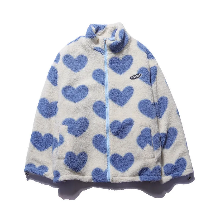 Adelinde | Women's Reversible Fleece Jacket with Heart Pattern, Stand Collar & Full Zip