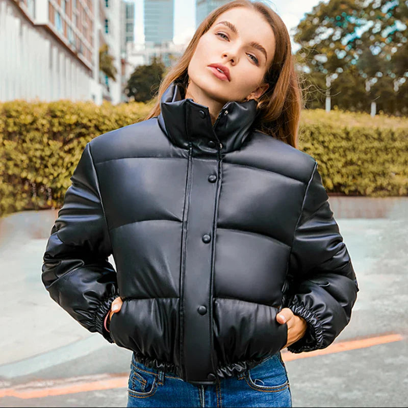 Octana | Women's Cropped Faux Leather Parka with Stand Collar & Button Details – Elegant & Functional Winter Coat