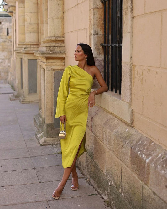 Olwen | Women’s Satin One-Shoulder Split Midi Dress – Elegant & Flattering