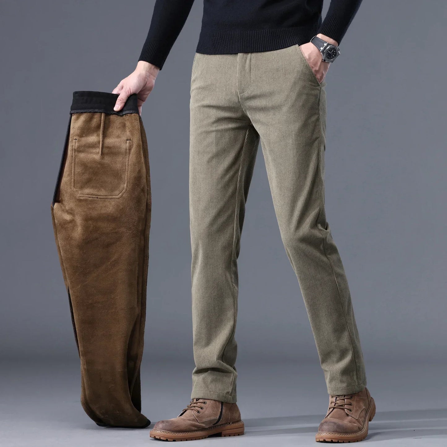 Edgeware | Men’s Corduroy Fleece Lined Work Trousers Slim Straight Fit Warm Casual Style