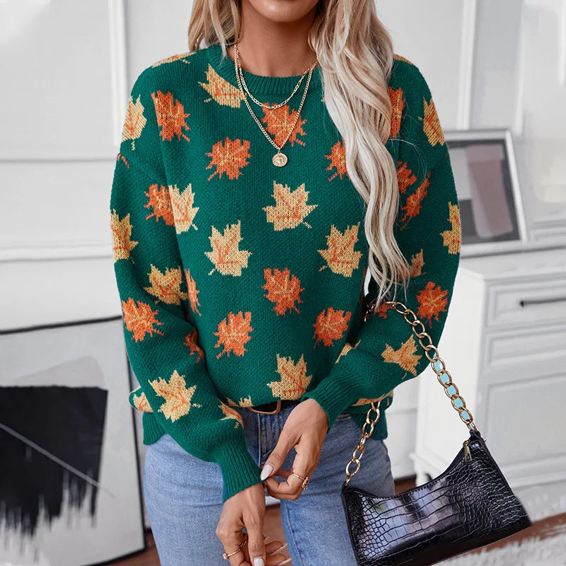 Senta | Women's Green Knitted Jumper with Maple Leaf Pattern