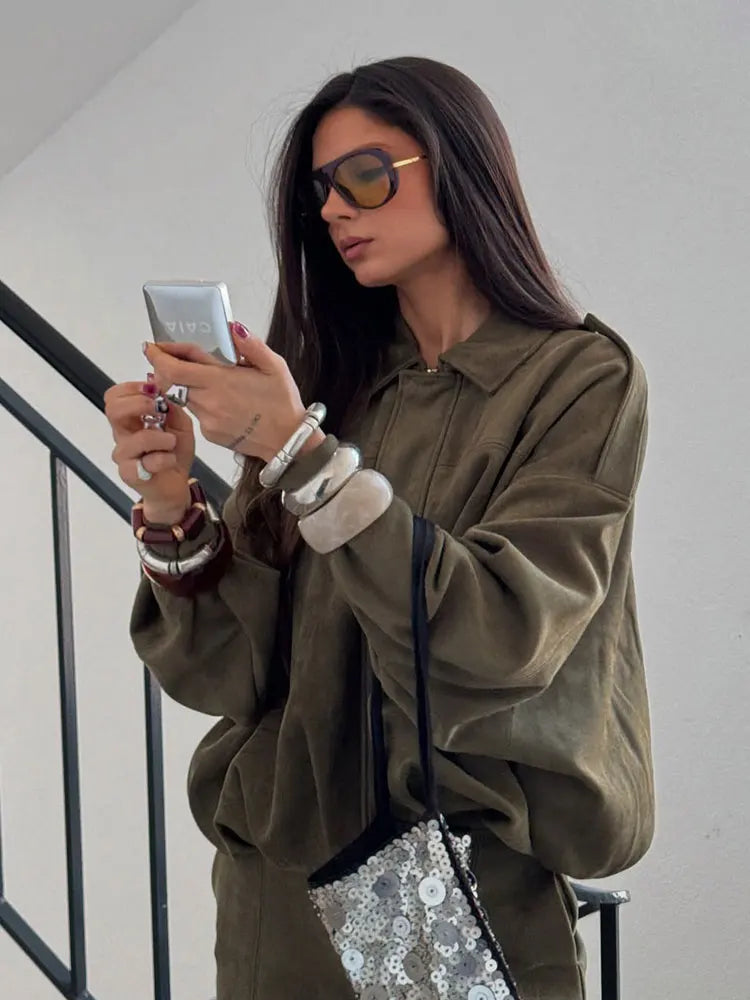 Alexandra | Women’s Green Oversized Suede Jacket Loose Fit
