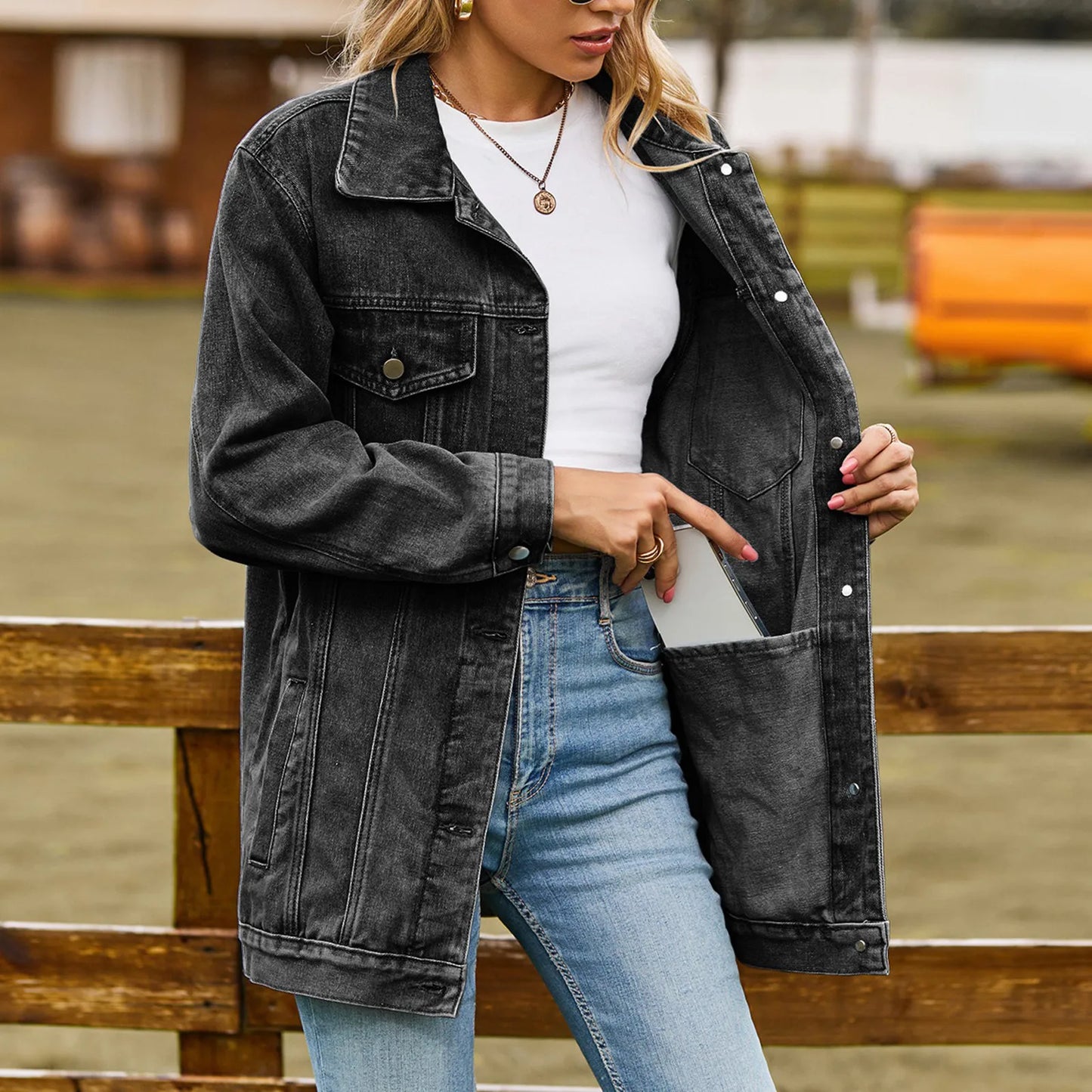 Delia | Women's Classic Denim Jacket with Lapel Collar, Buttons, and Multiple Pockets