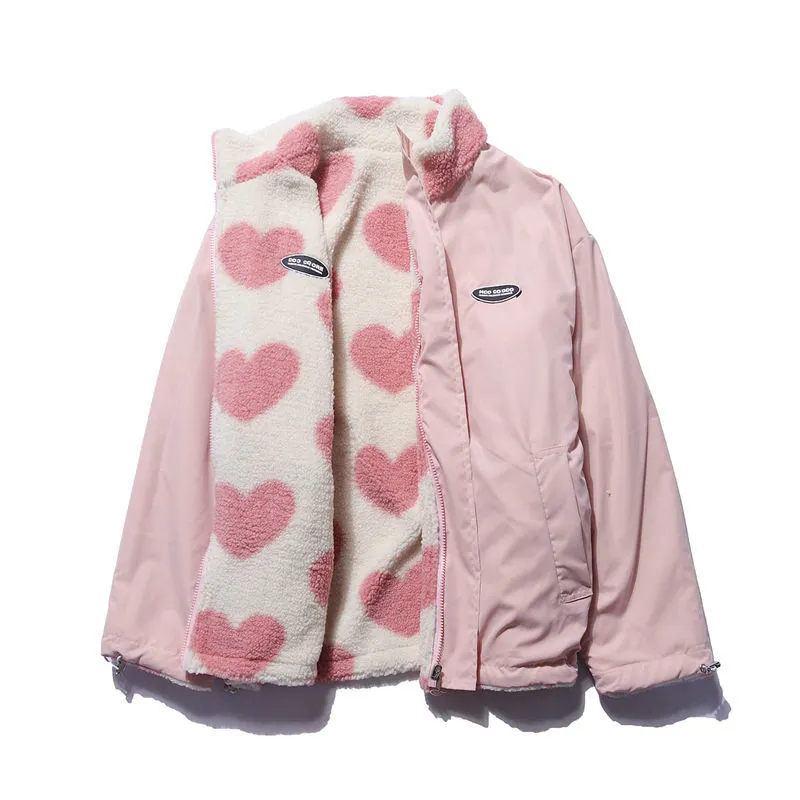 Adelinde | Women's Reversible Fleece Jacket with Heart Pattern, Stand Collar & Full Zip