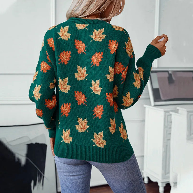 Senta | Women's Green Knitted Jumper with Maple Leaf Pattern