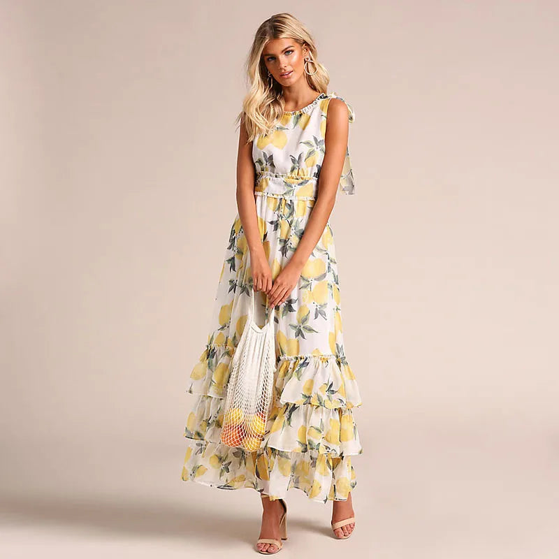 Nellie | Women’s Lemon Print Tie-Strap Maxi Dress with Layered Ruffles