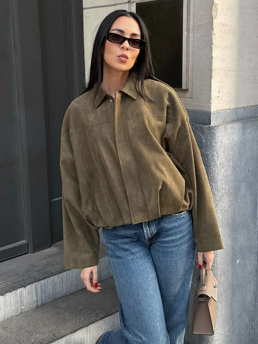 Alexandra | Women’s Green Oversized Suede Jacket Loose Fit
