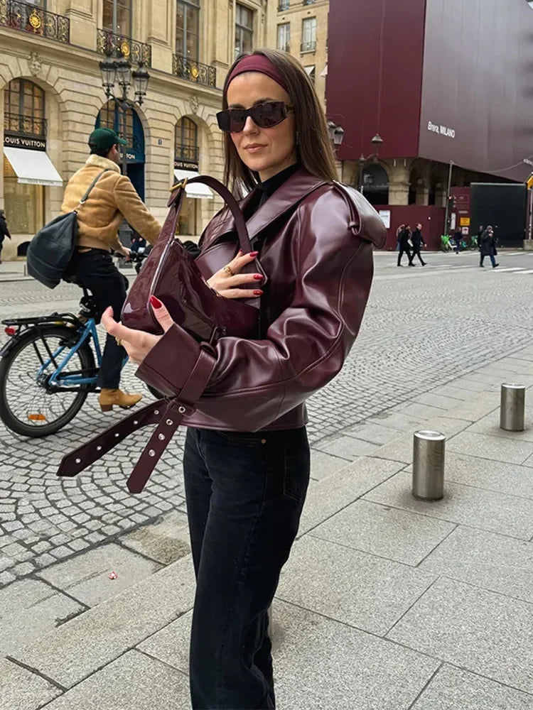 Eudeline | Women’s Burgundy Oversized Leather-Effect Jacket with Belt and Wide Lapels