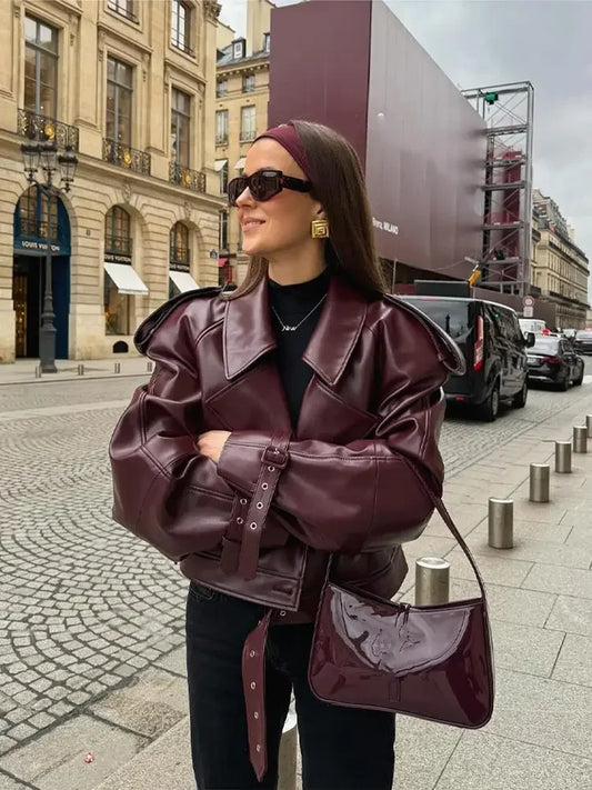 Eudeline | Women’s Burgundy Oversized Leather-Effect Jacket with Belt and Wide Lapels