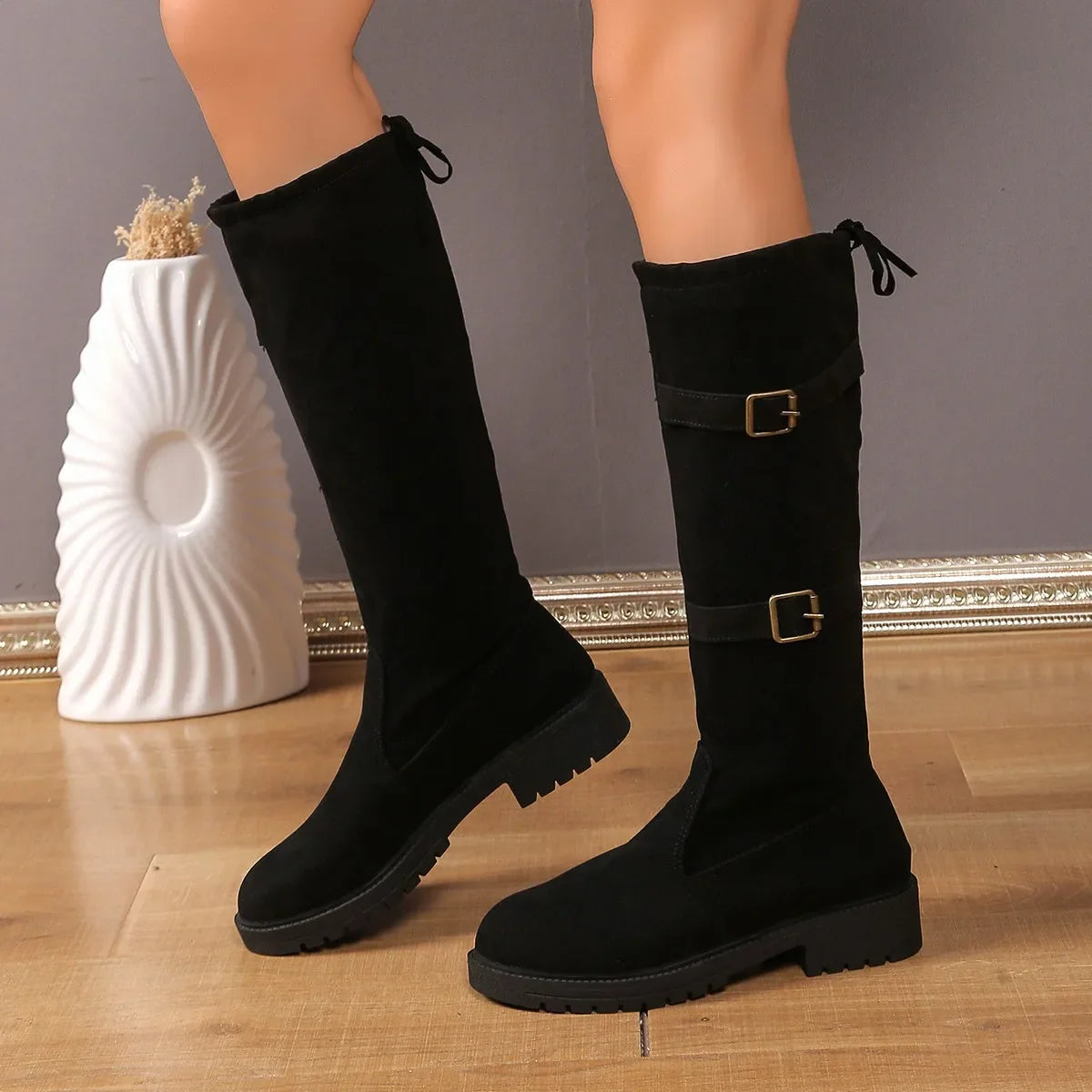 Lindsay | Women’s Black Low Heel Knee High Boots with Classic Silhouette