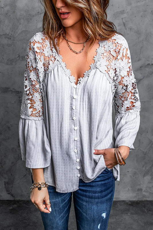 Amelina | Floral Lace Deep V-Neck Blouse with Flared Sleeves