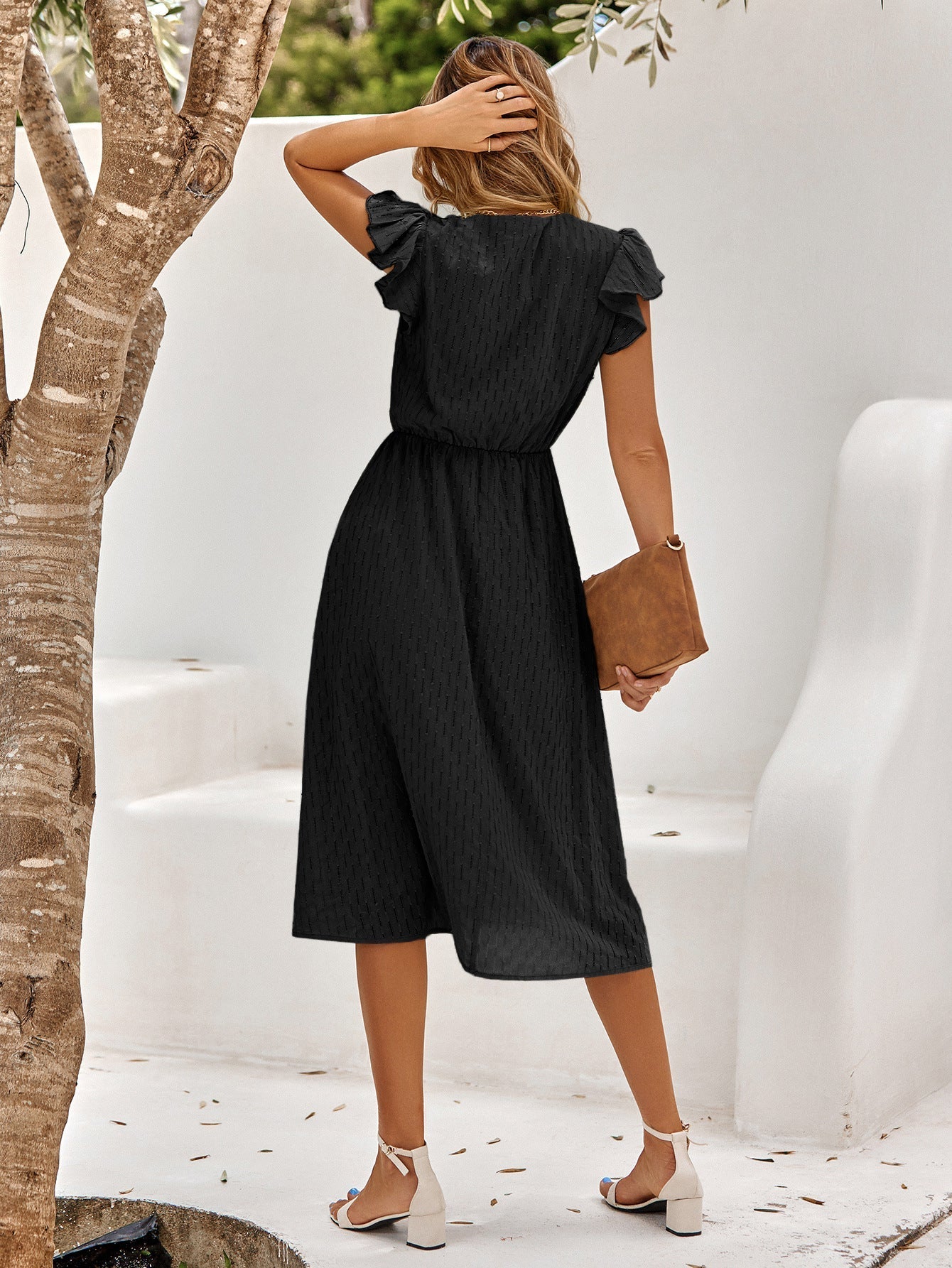 Mairen | Textured Midi Dress with Ruffled Sleeves & V-Neck – Elegant Everyday Style