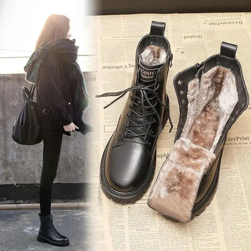 Madison | Women's Black Leather-Look Fleece-Lined Lace-Up Ankle Boots