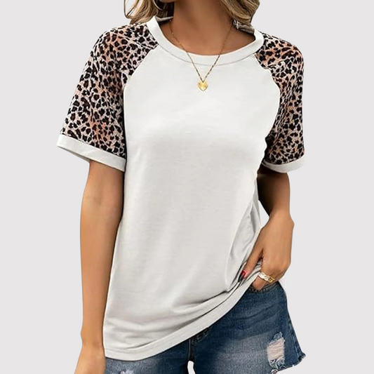 Aldith | Women’s Round Neck T-Shirt with Leopard Print Sleeves – Stylish Casual Top
