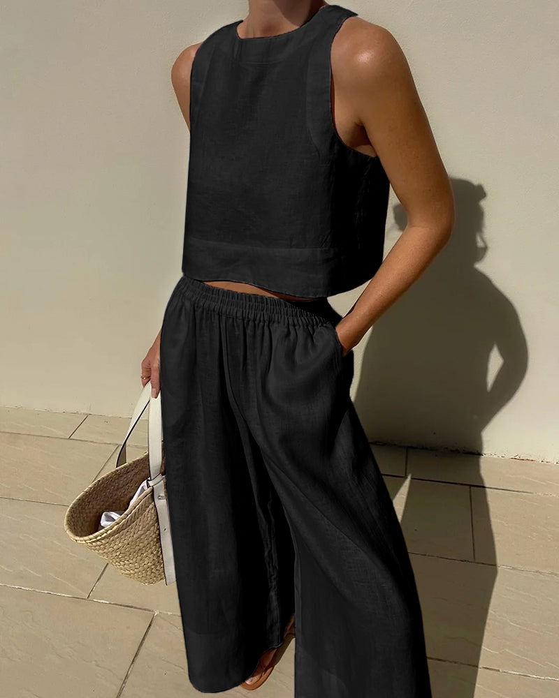 Fiora | Women's Linen Two-Piece Set – Sleeveless Cropped Top & Wide-Leg Trousers for a Breezy Summer Look