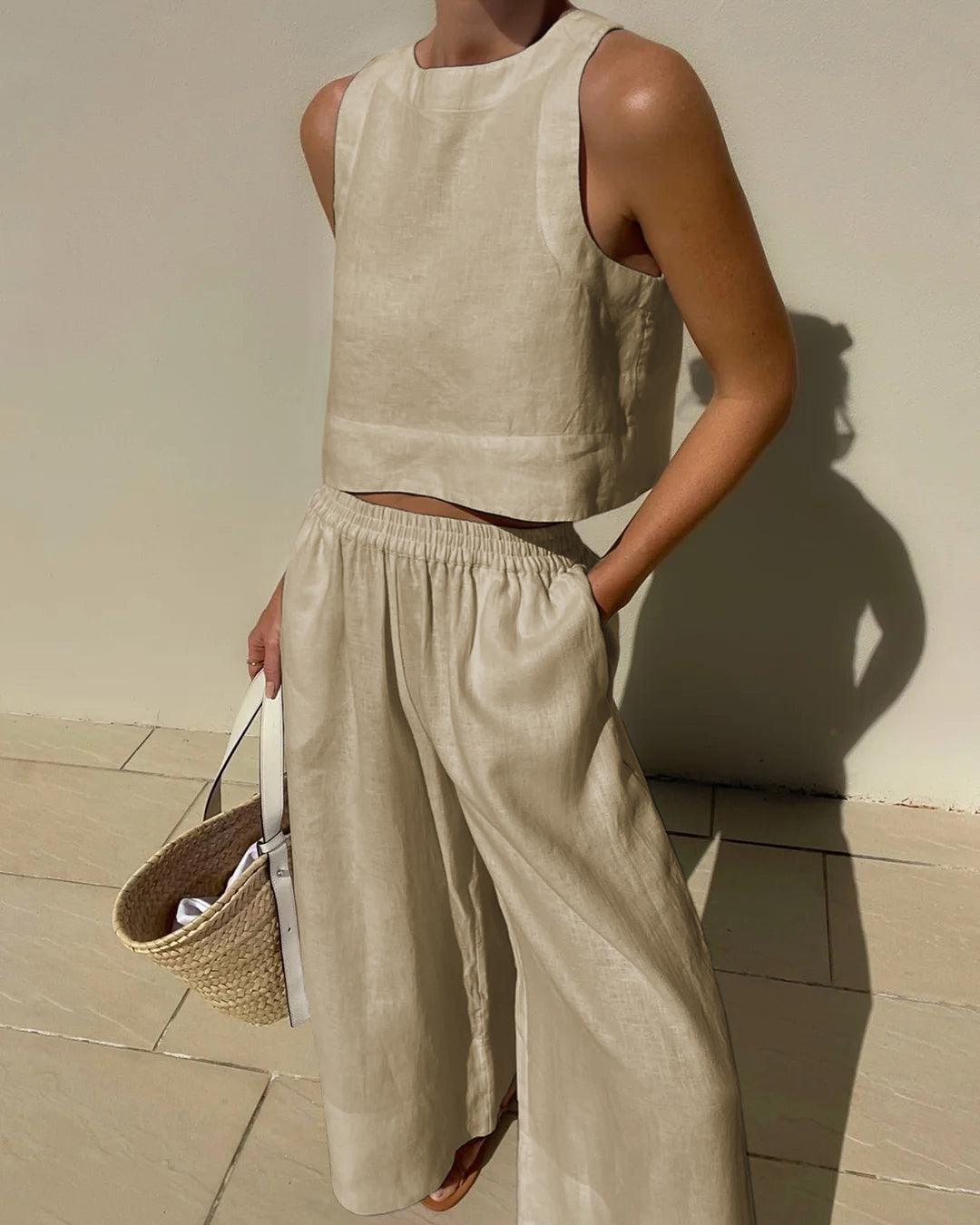 Fiora | Women's Linen Two-Piece Set – Sleeveless Cropped Top & Wide-Leg Trousers for a Breezy Summer Look