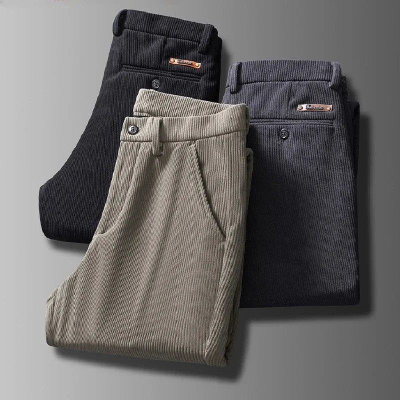 Edgeware | Men’s Corduroy Fleece Lined Work Trousers Slim Straight Fit Warm Casual Style