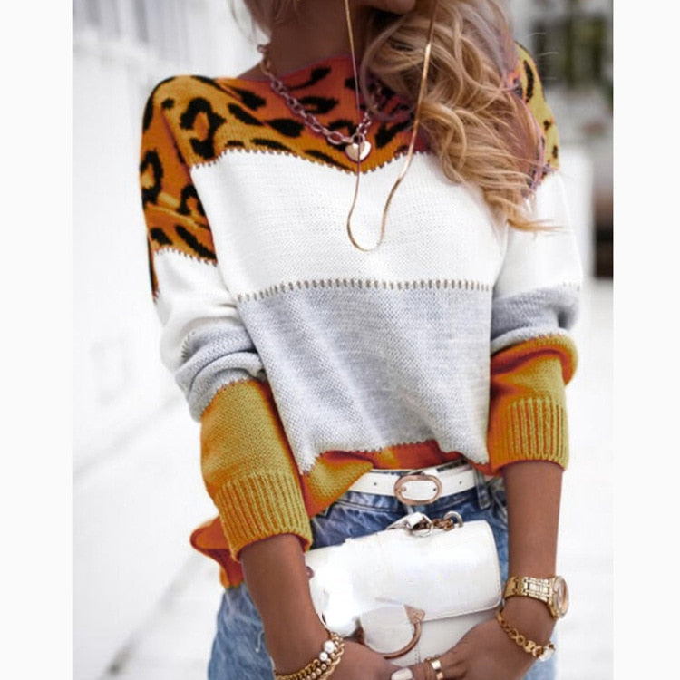 Ronira | Colourblock Knitted Sweater with Leopard Print Detail