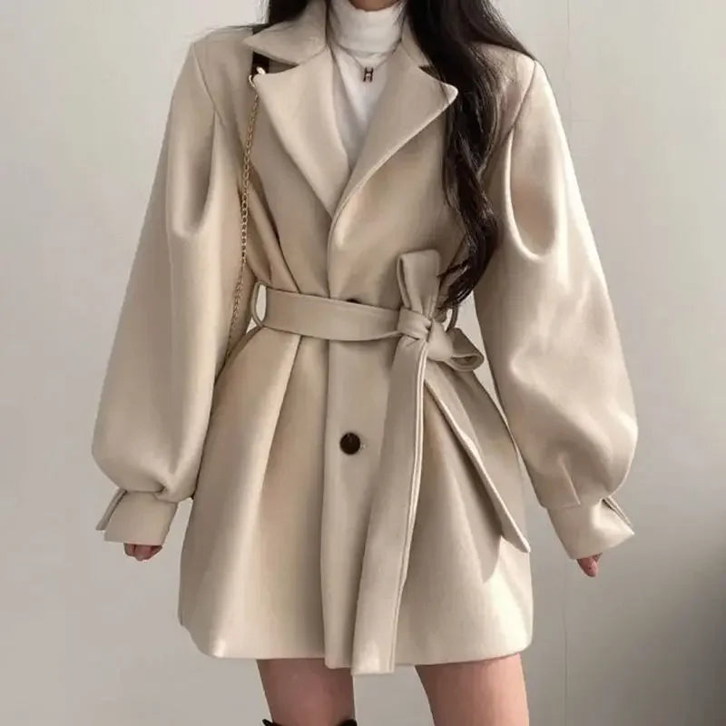 Marilyn | Women’s Elegant Belted Trench Coat with Puff Sleeves